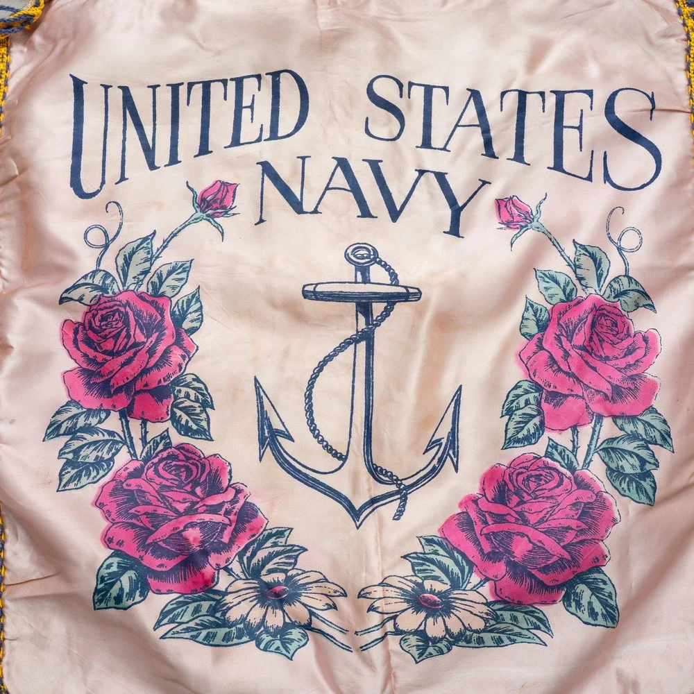 Vintage 1940s Souvenir United States Navy Silk Souvenir Pillow Case Sham